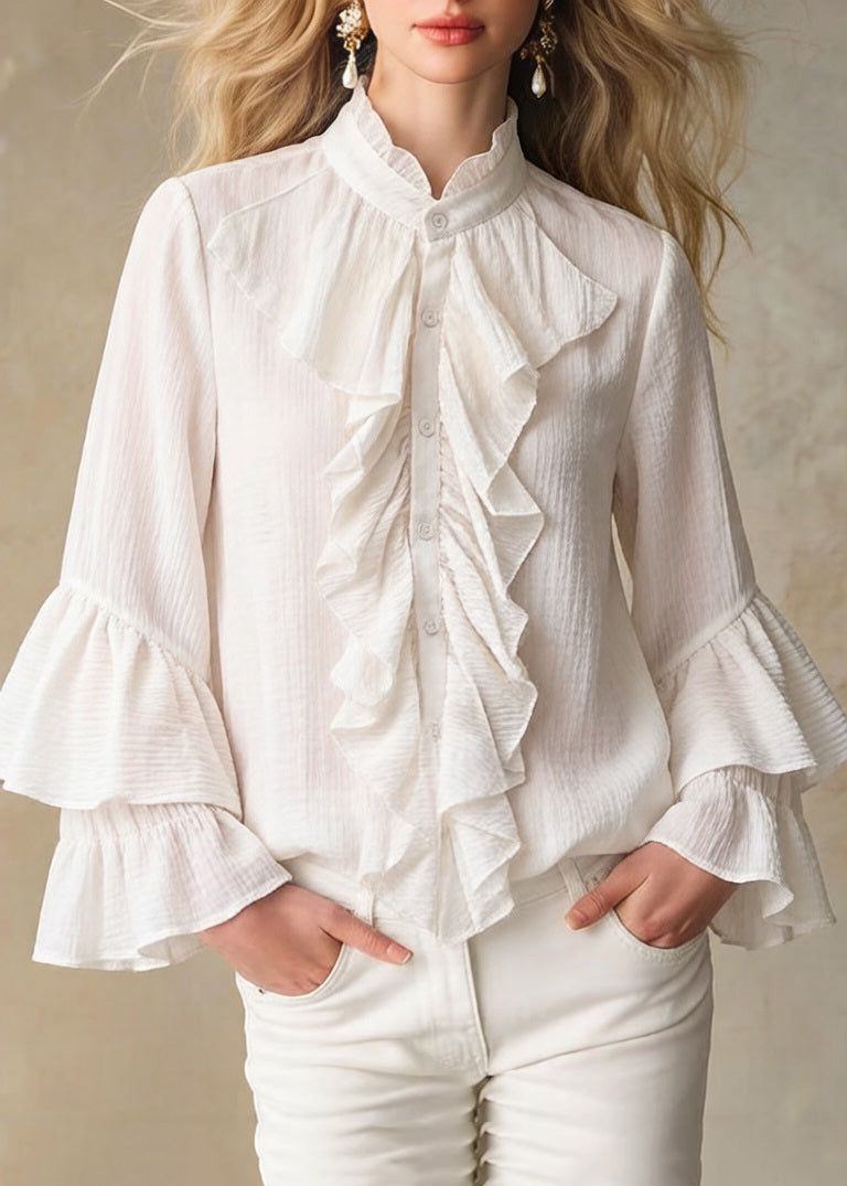 Elegant Apricot Stand Collar Ruffled Button Cotton Shirt - Omychic