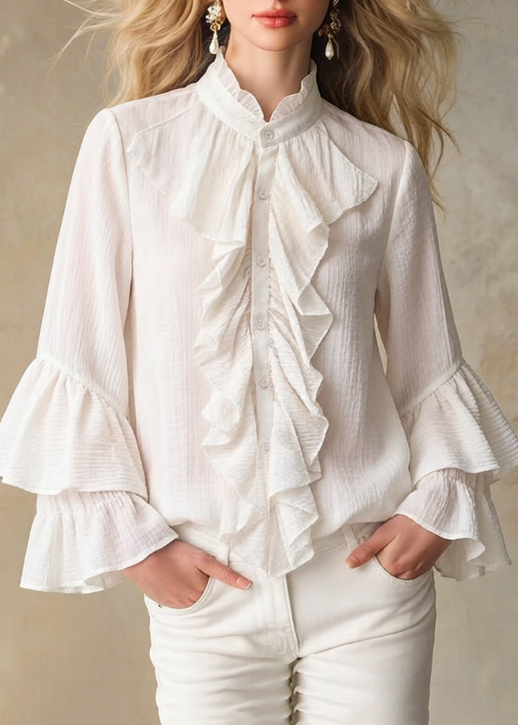 Elegant Apricot Stand Collar Ruffled Button Cotton Shirt - Omychic