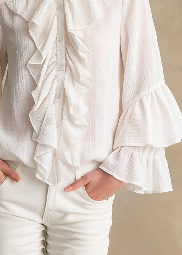 Elegant Apricot Stand Collar Ruffled Button Cotton Shirt - Omychic