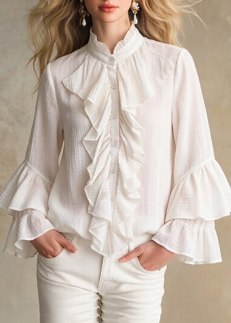 Elegant Apricot Stand Collar Ruffled Button Cotton Shirt - Omychic