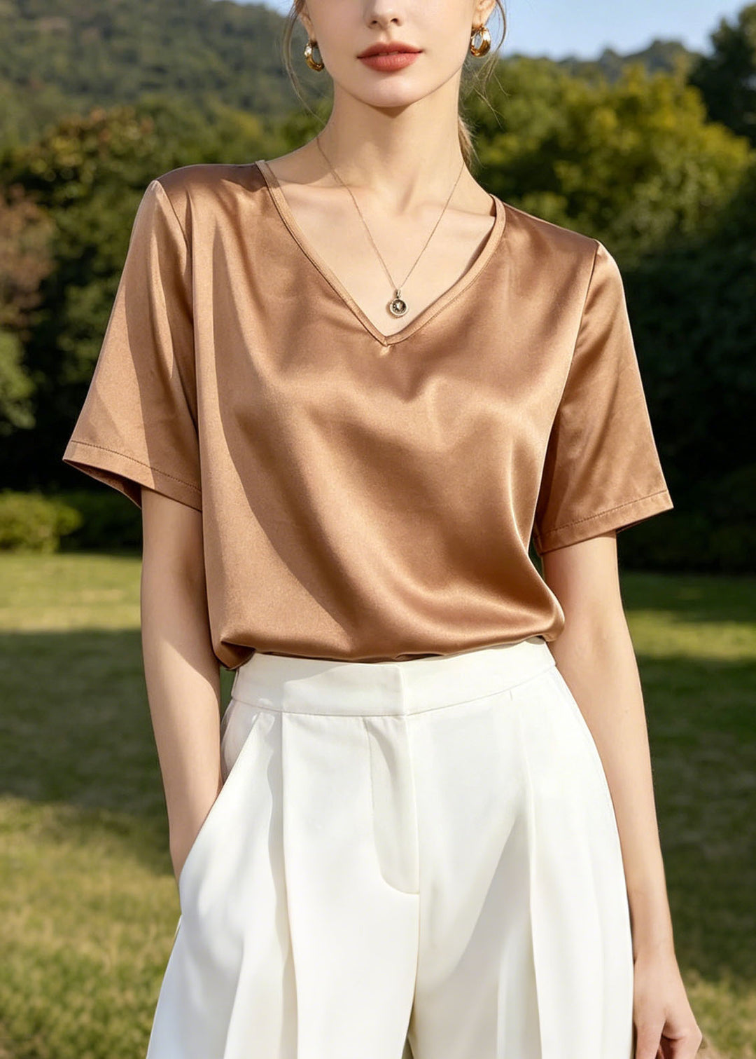 Elegant Apricot V Neck Silk Blouse Tops Summer