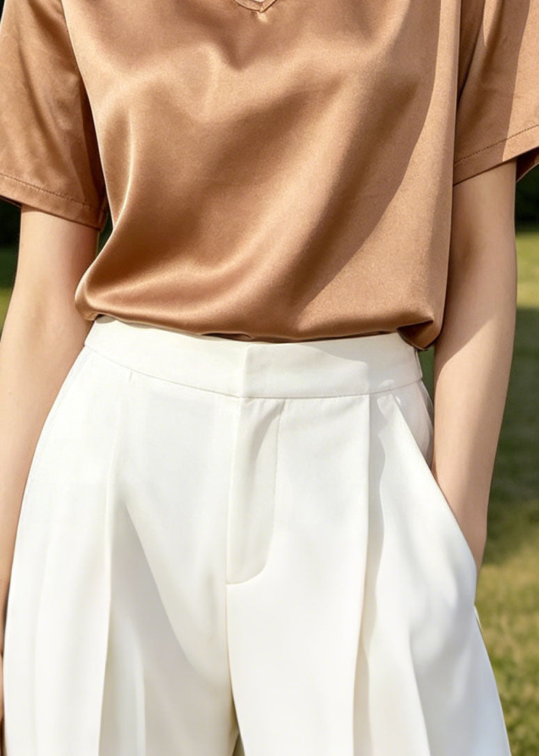 Elegant Apricot V Neck Silk Blouse Tops Summer