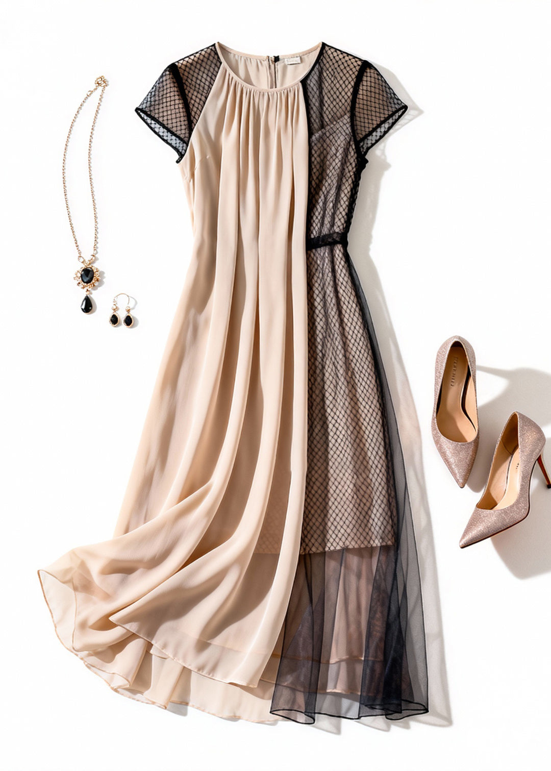 Elegant Apricot Wrinkled Tulle Patchwork Dress Summer