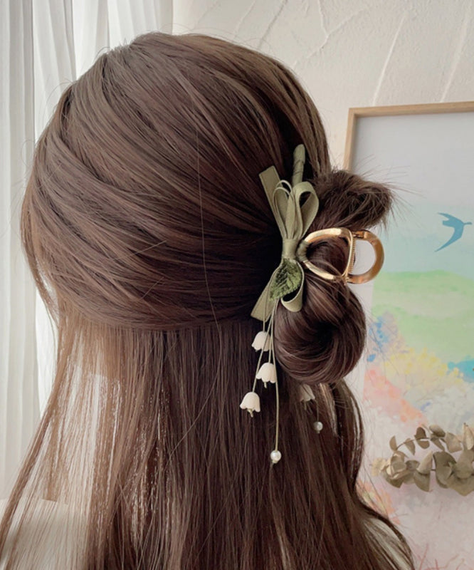 Elegant Army Green Alloy Cloth Bow Lily Of The Valley Tassel Hairpin