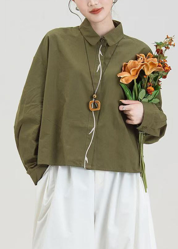 Elegant Army Green Embroidered Oversized Cotton Shirts Spring
