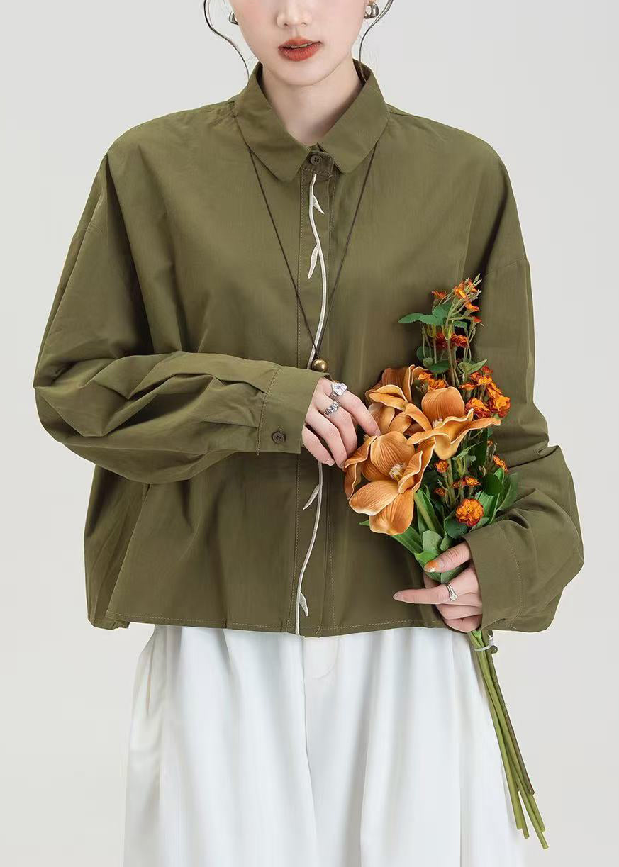 Elegant Army Green Embroidered Oversized Cotton Shirts Spring