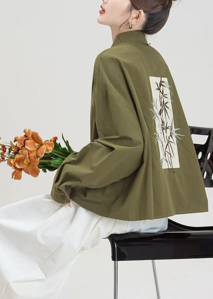Elegant Army Green Embroidered Oversized Cotton Shirts Spring