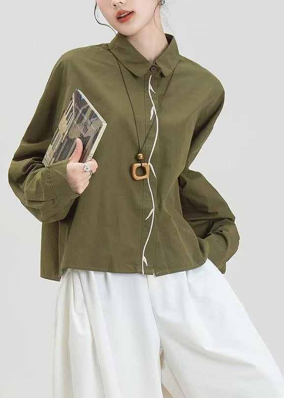 Elegant Army Green Embroidered Oversized Cotton Shirts Spring