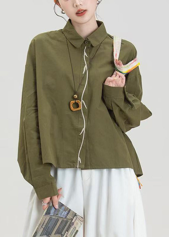 Elegant Army Green Embroidered Oversized Cotton Shirts Spring