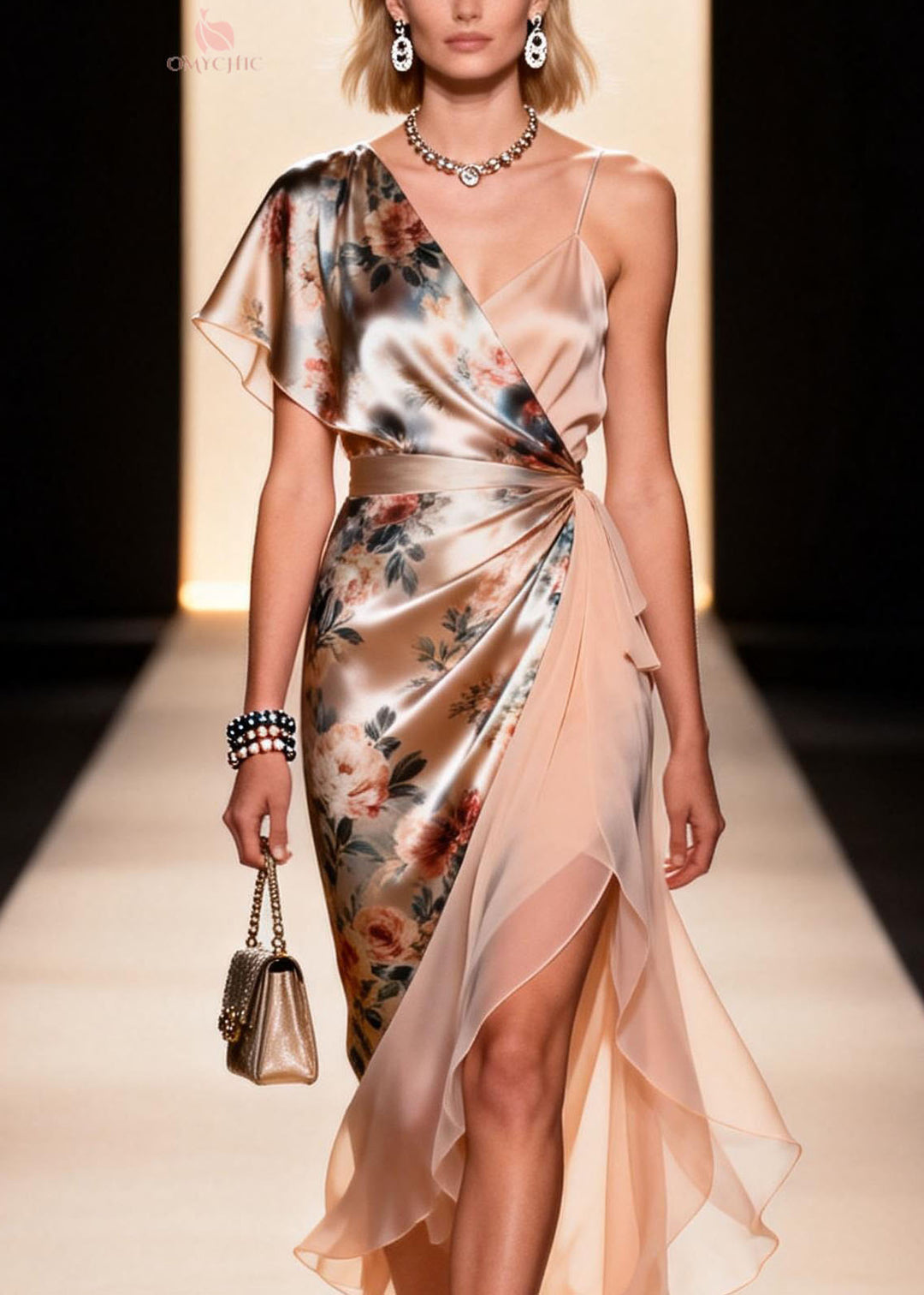 Elegant Asymmetrical Design Print Patchwork Silk Dress Summer