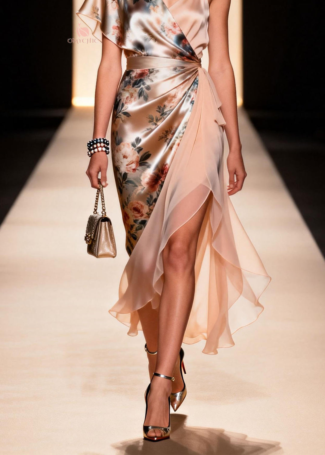 Elegant Asymmetrical Design Print Patchwork Silk Dress Summer