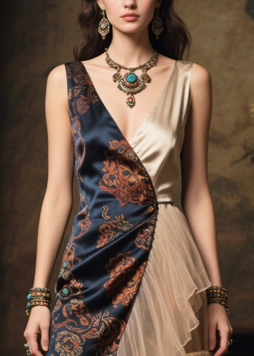 Elegant Asymmetrical Patchwork Tulle Silk Party Dress Summer