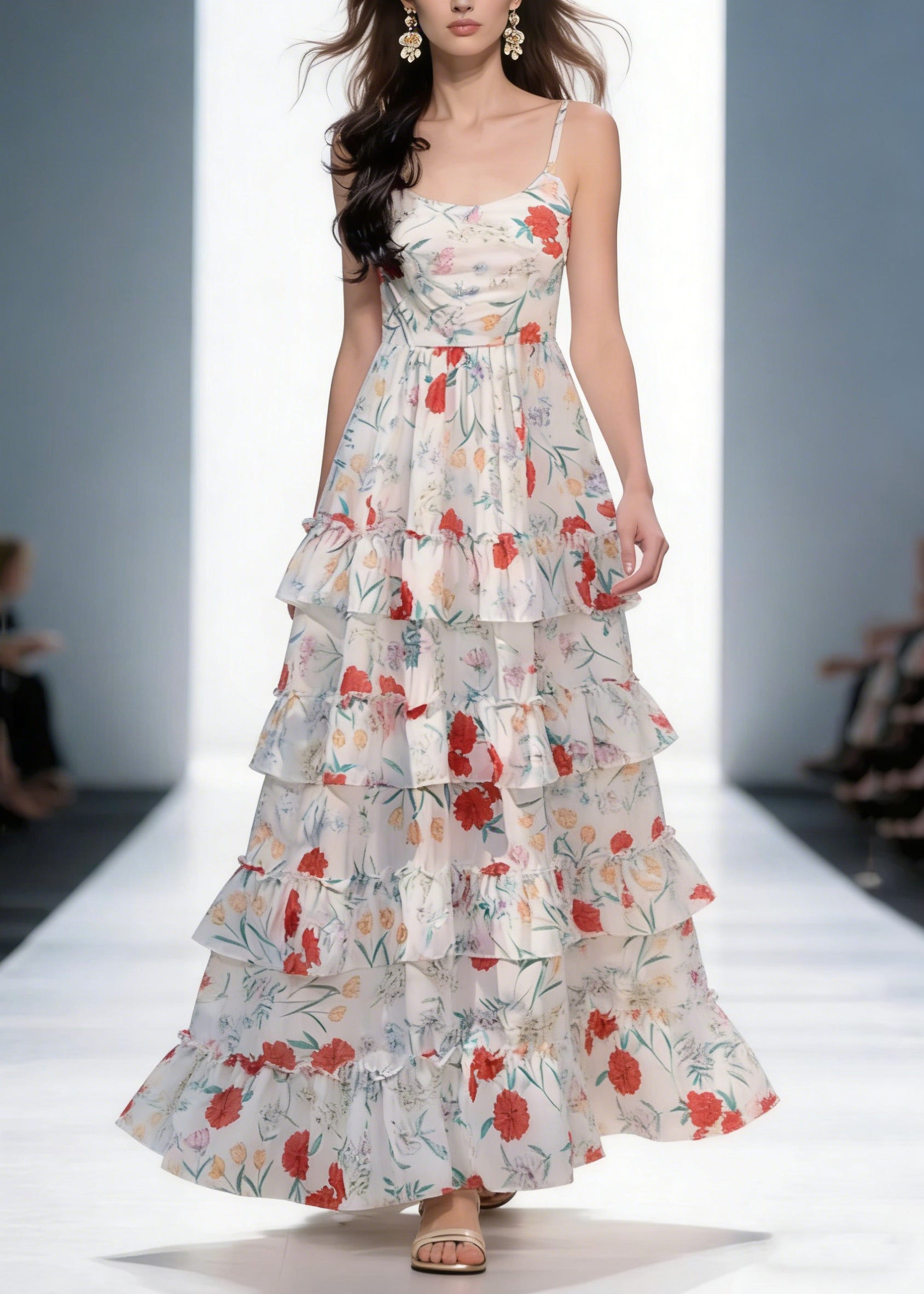 Elegant Backless Print Ruffled Cotton Spaghetti Strap Dress Sleeveless - Omychic
