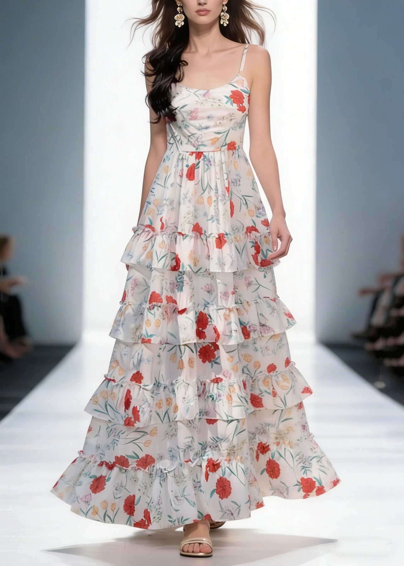Elegant Backless Print Ruffled Cotton Spaghetti Strap Dress Sleeveless - Omychic