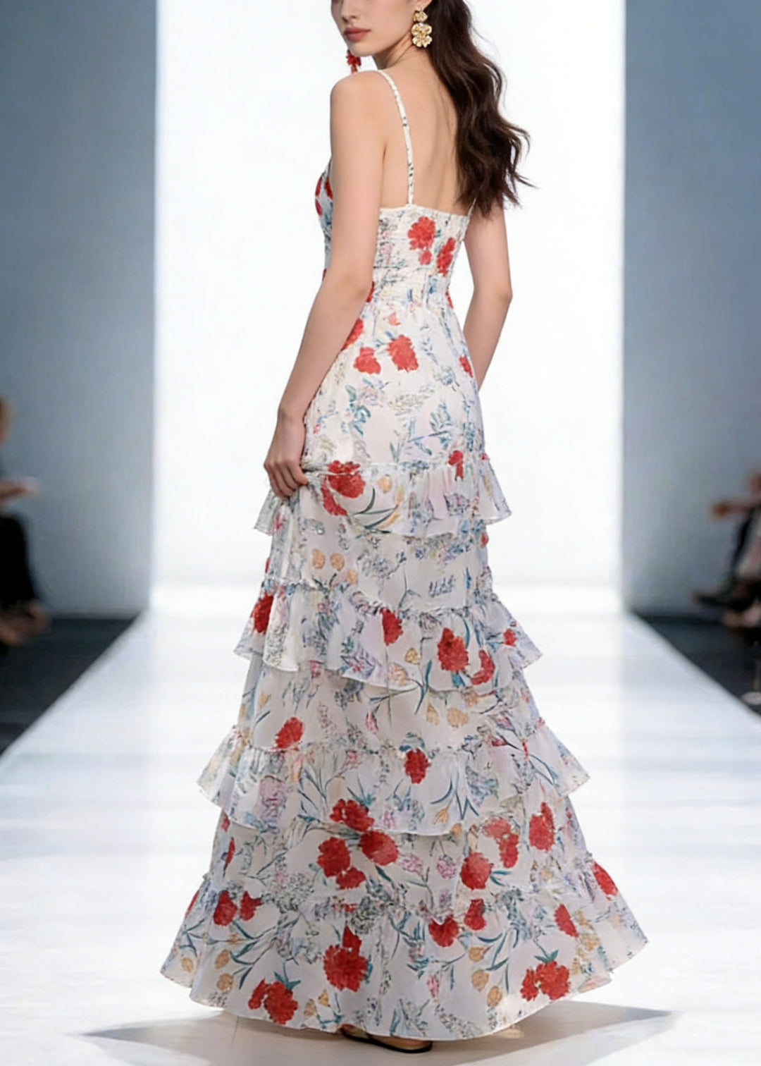 Elegant Backless Print Ruffled Cotton Spaghetti Strap Dress Sleeveless - Omychic