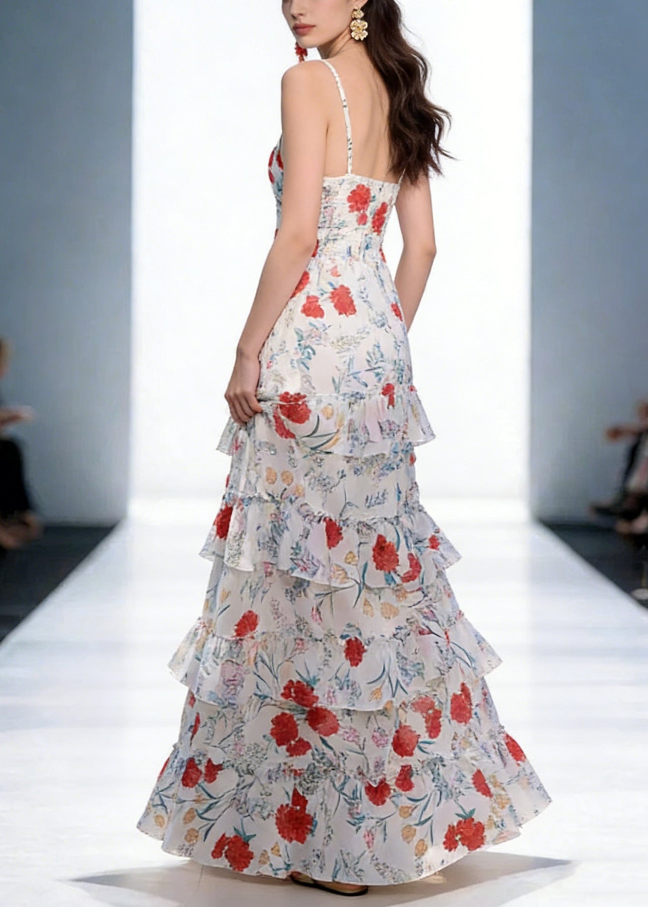 Elegant Backless Print Ruffled Cotton Spaghetti Strap Dress Sleeveless - Omychic