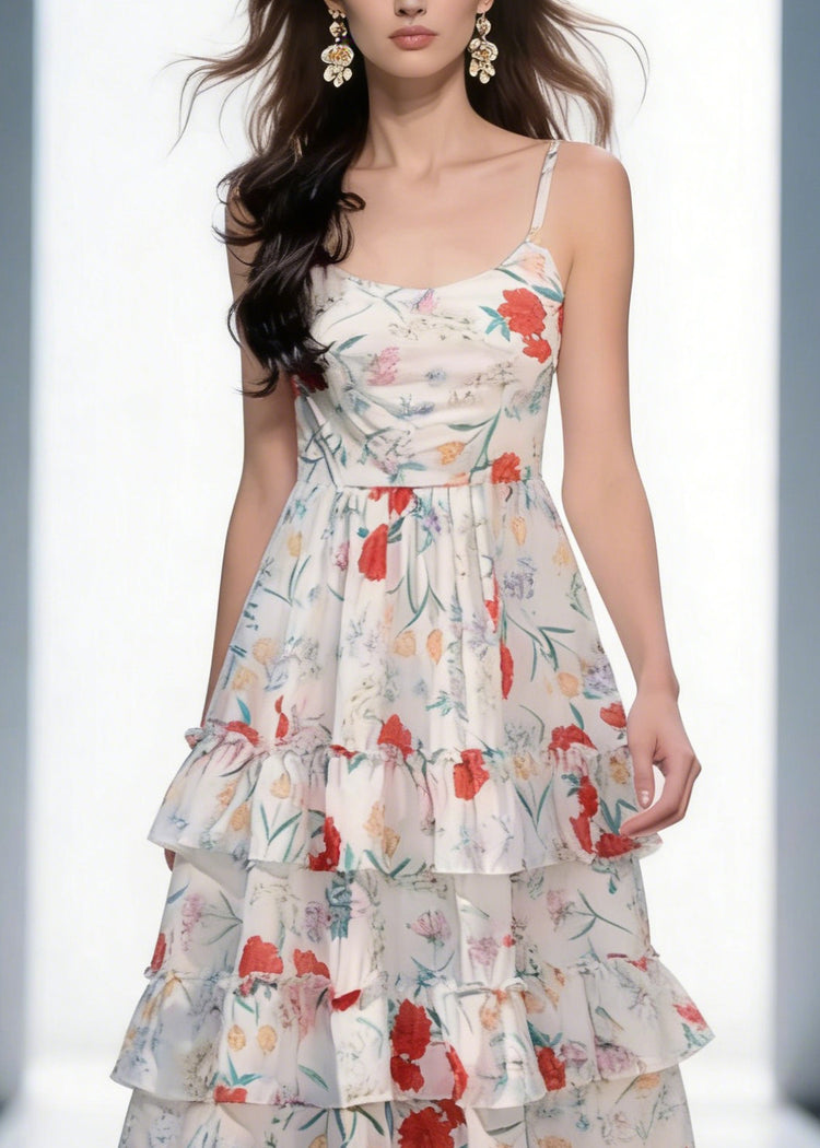 Elegant Backless Print Ruffled Cotton Spaghetti Strap Dress Sleeveless - Omychic