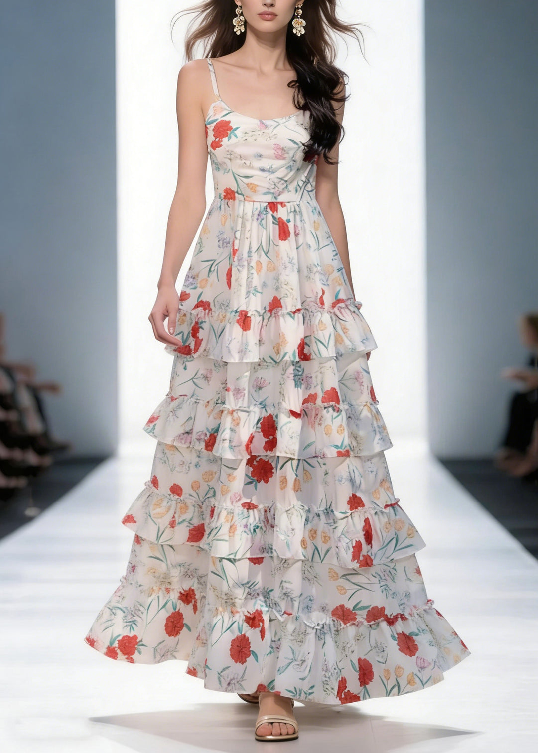 Elegant Backless Print Ruffled Cotton Spaghetti Strap Dress Sleeveless - Omychic