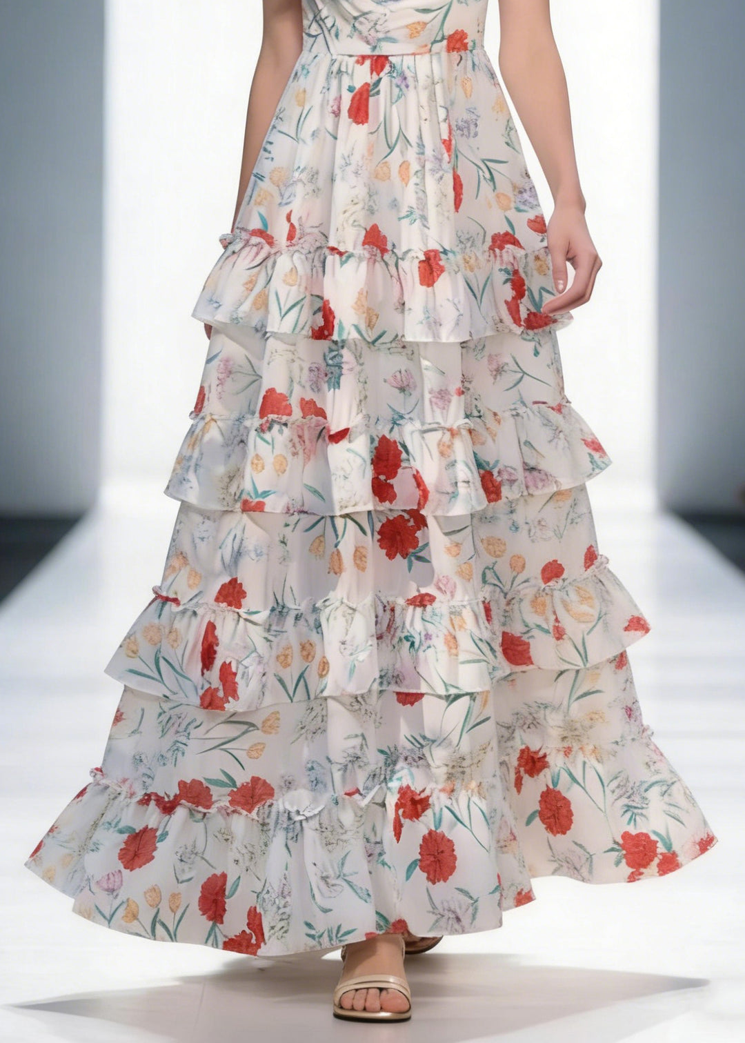 Elegant Backless Print Ruffled Cotton Spaghetti Strap Dress Sleeveless - Omychic
