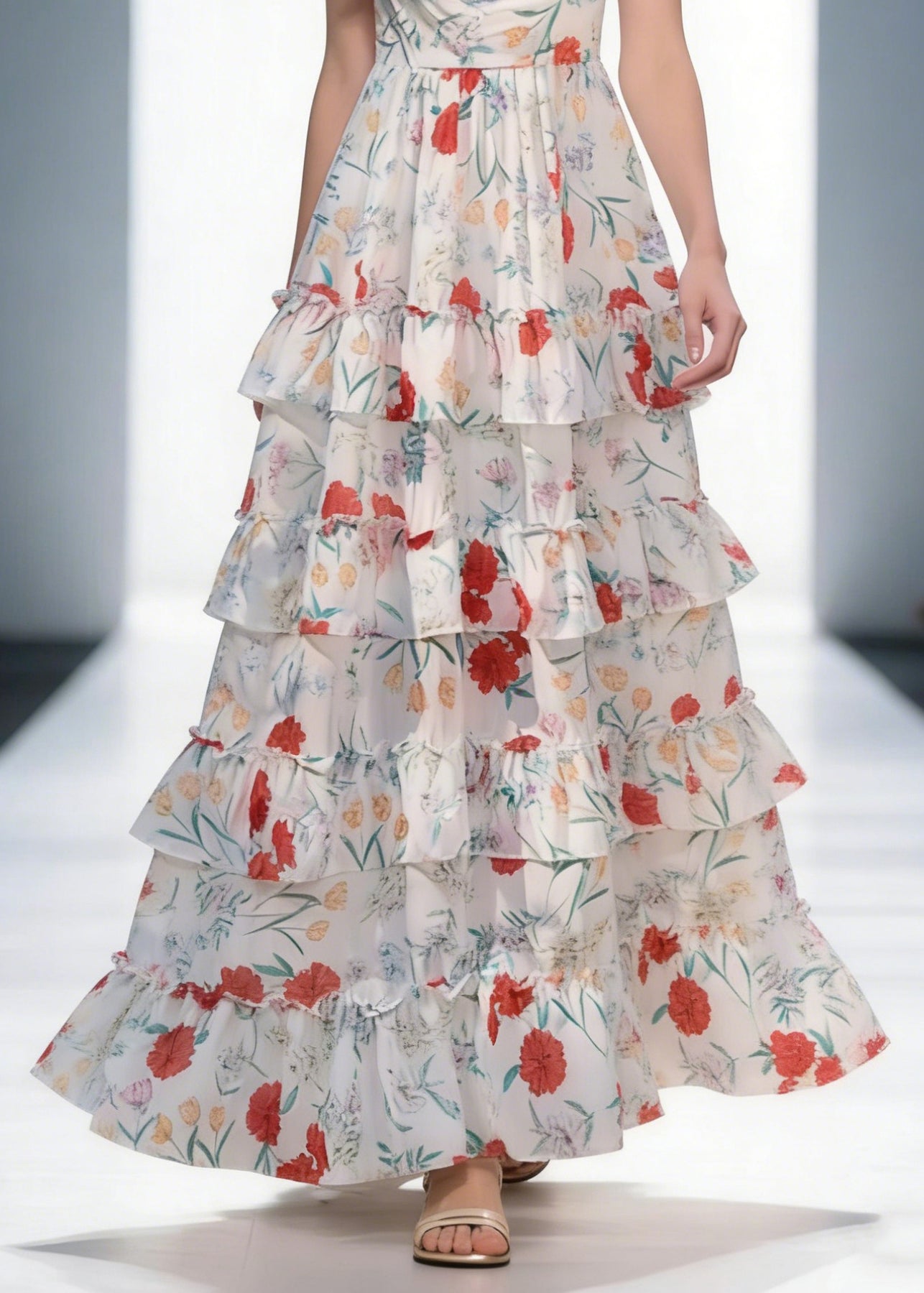 Elegant Backless Print Ruffled Cotton Spaghetti Strap Dress Sleeveless - Omychic