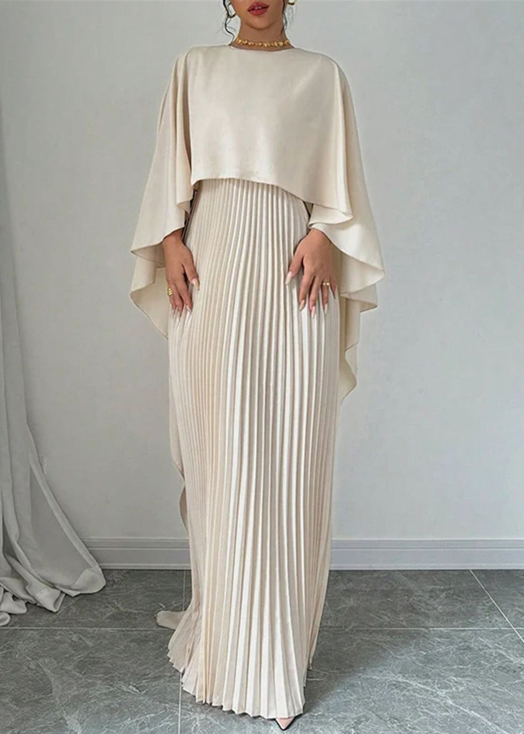 Elegant Beige Asymmetrical Patchwork Long Dress Batwing Sleeve