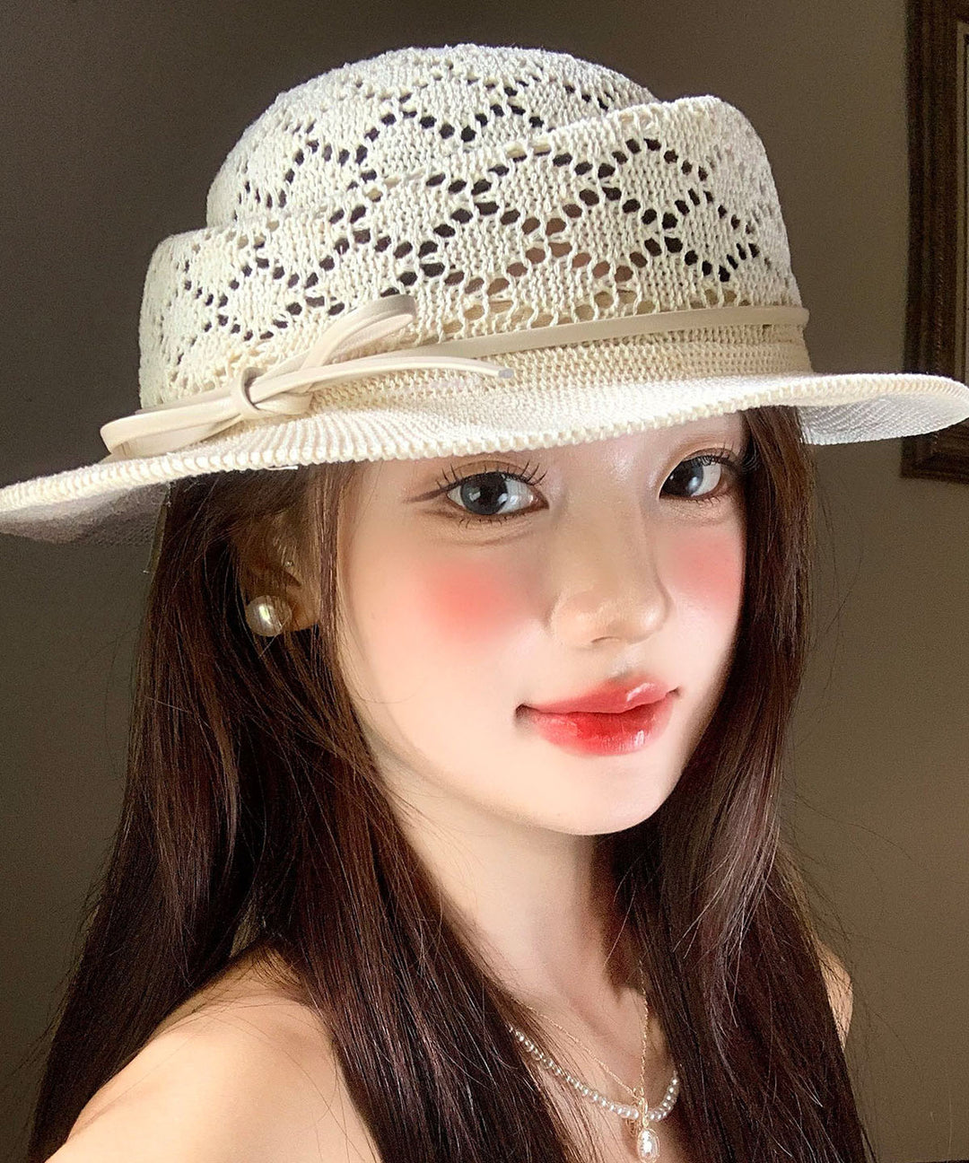 Elegant Beige Bow Hollow Out Straw Woven Cloche Hat