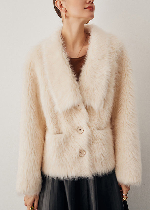 Elegant Beige Button Pockets Woolen Coat Winter