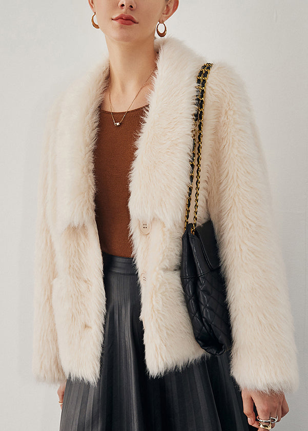 Elegant Beige Button Pockets Woolen Coat Winter