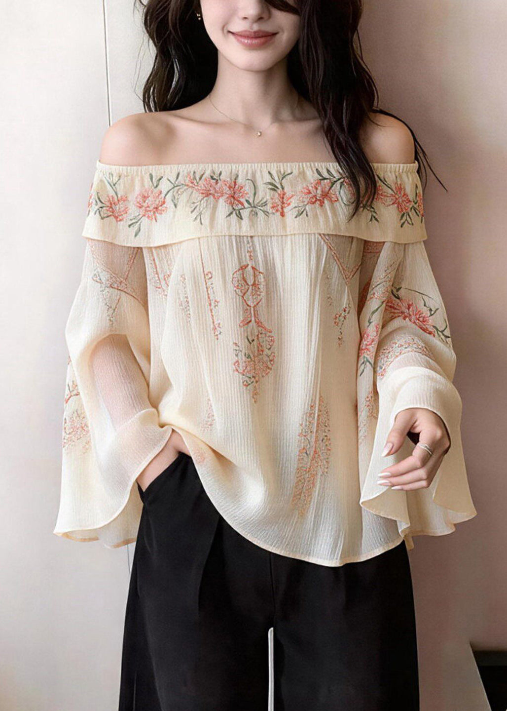 Elegant Beige Cold Shoulder Print Cotton Blouses Flare Sleeve