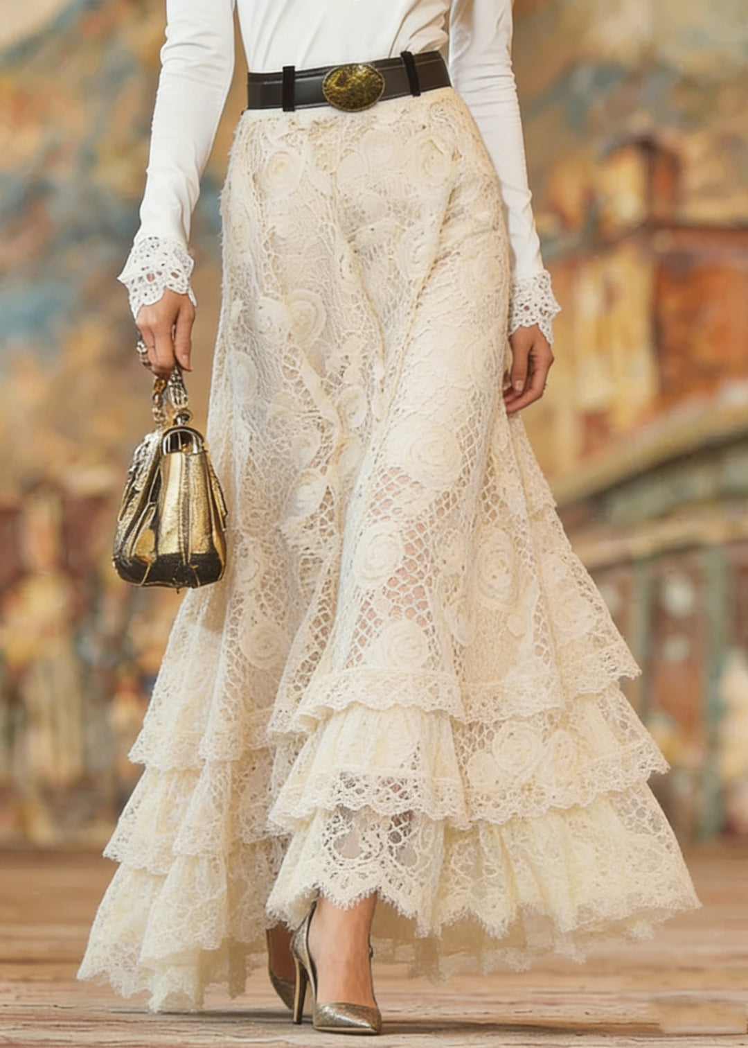 Elegant Beige Elastic Waist Lace Maxi Skirt Spring - Omychic