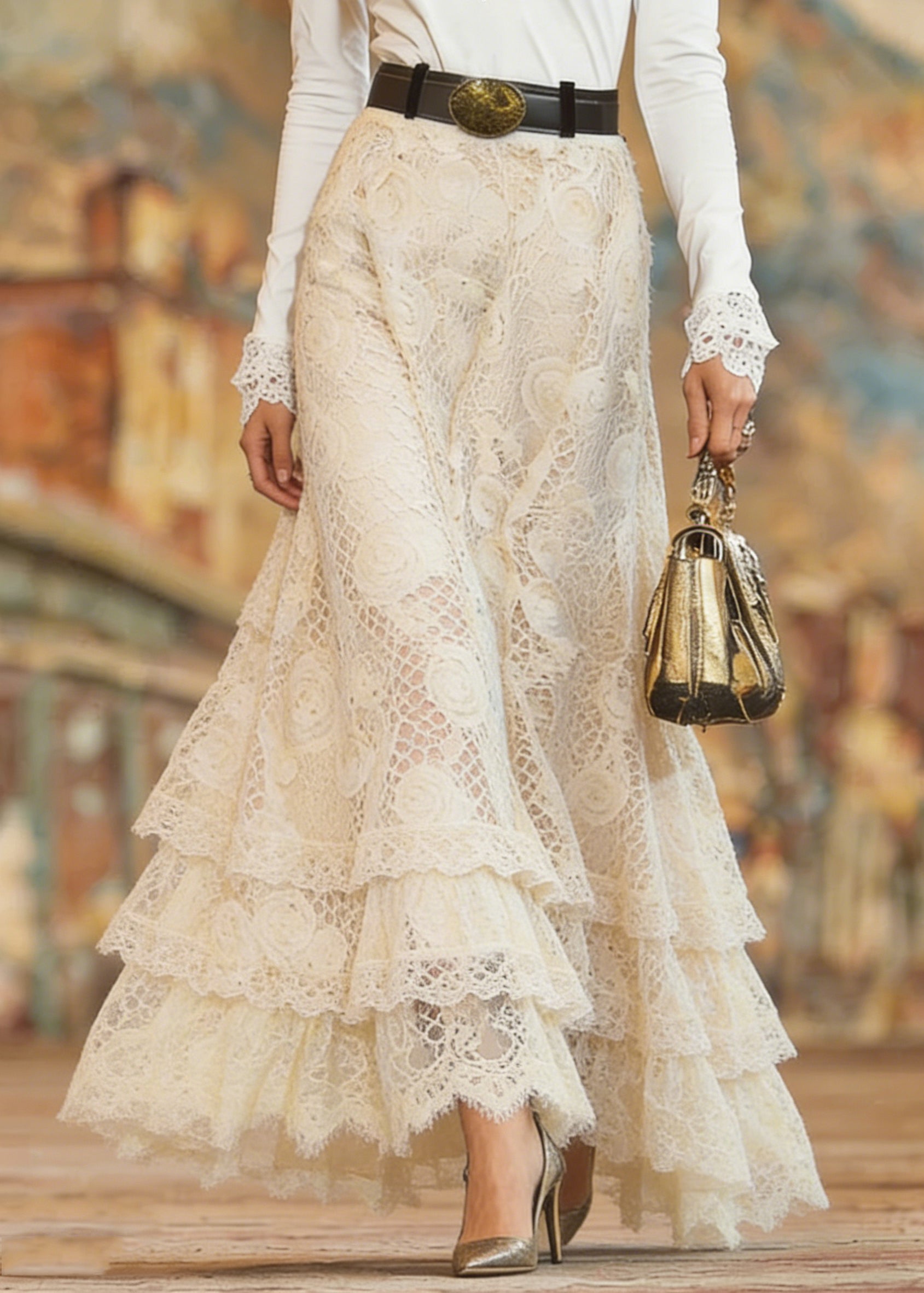 Elegant Beige Elastic Waist Lace Maxi Skirt Spring - Omychic