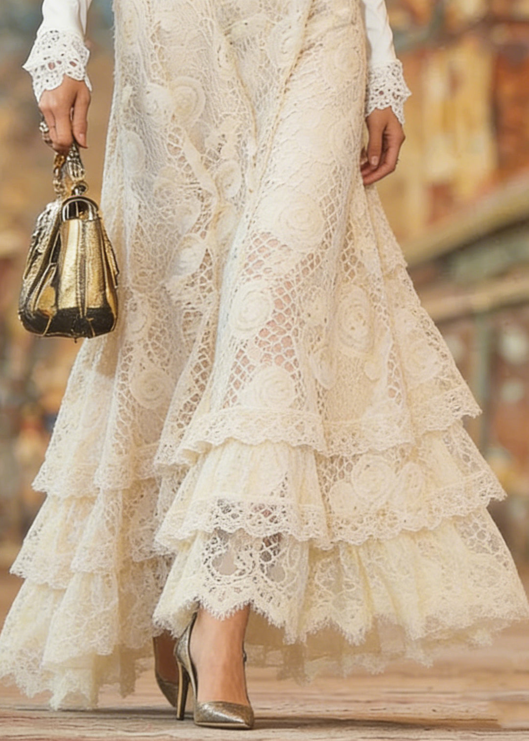 Elegant Beige Elastic Waist Lace Maxi Skirt Spring - Omychic