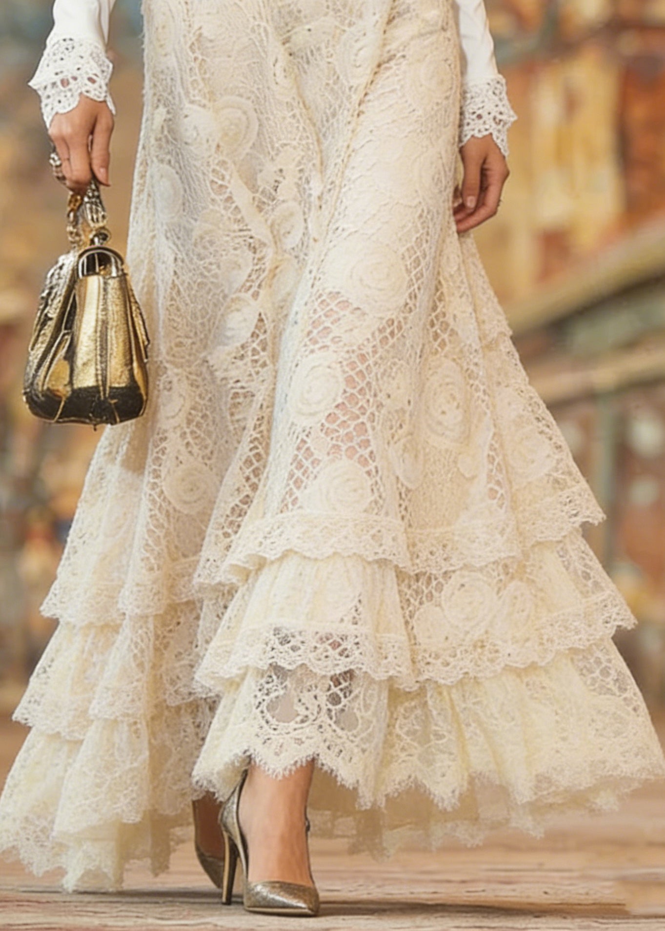 Elegant Beige Elastic Waist Lace Maxi Skirt Spring - Omychic