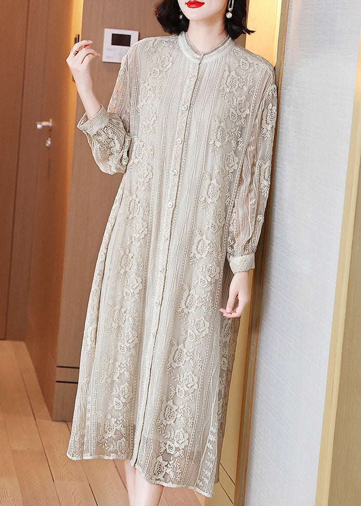 Elegant Beige Embroidered Button Silk Long Dresses Long Sleeve