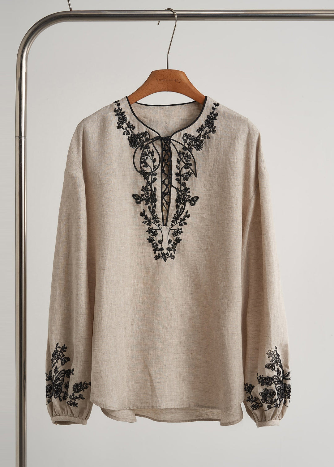 Elegant Beige Embroidered Linen Women Sets 2 Pieces Fall