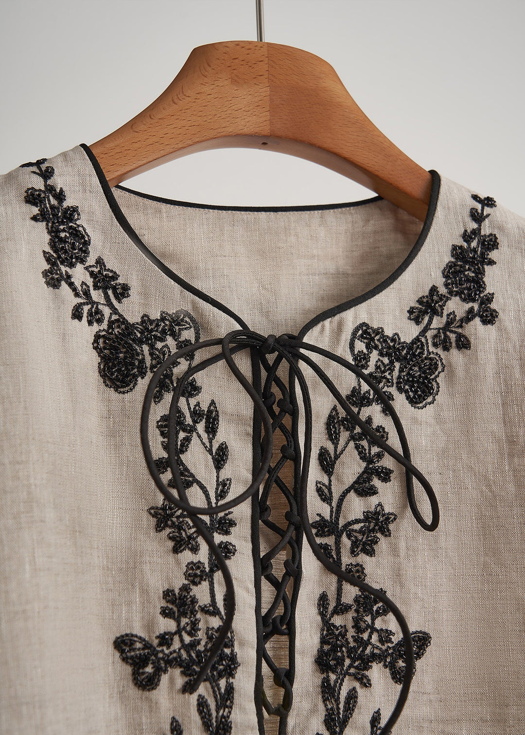 Elegant Beige Embroidered Linen Women Sets 2 Pieces Fall