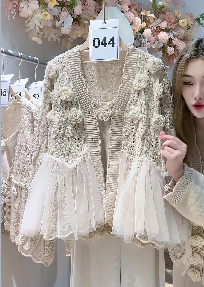 Elegant Beige Flower Tulle Patchwork Knit Cardigan Two Piece Set Spring