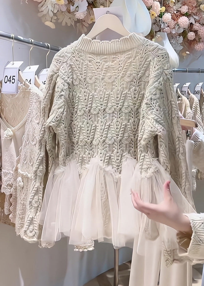 Elegant Beige Flower Tulle Patchwork Knit Cardigan Two Piece Set Spring