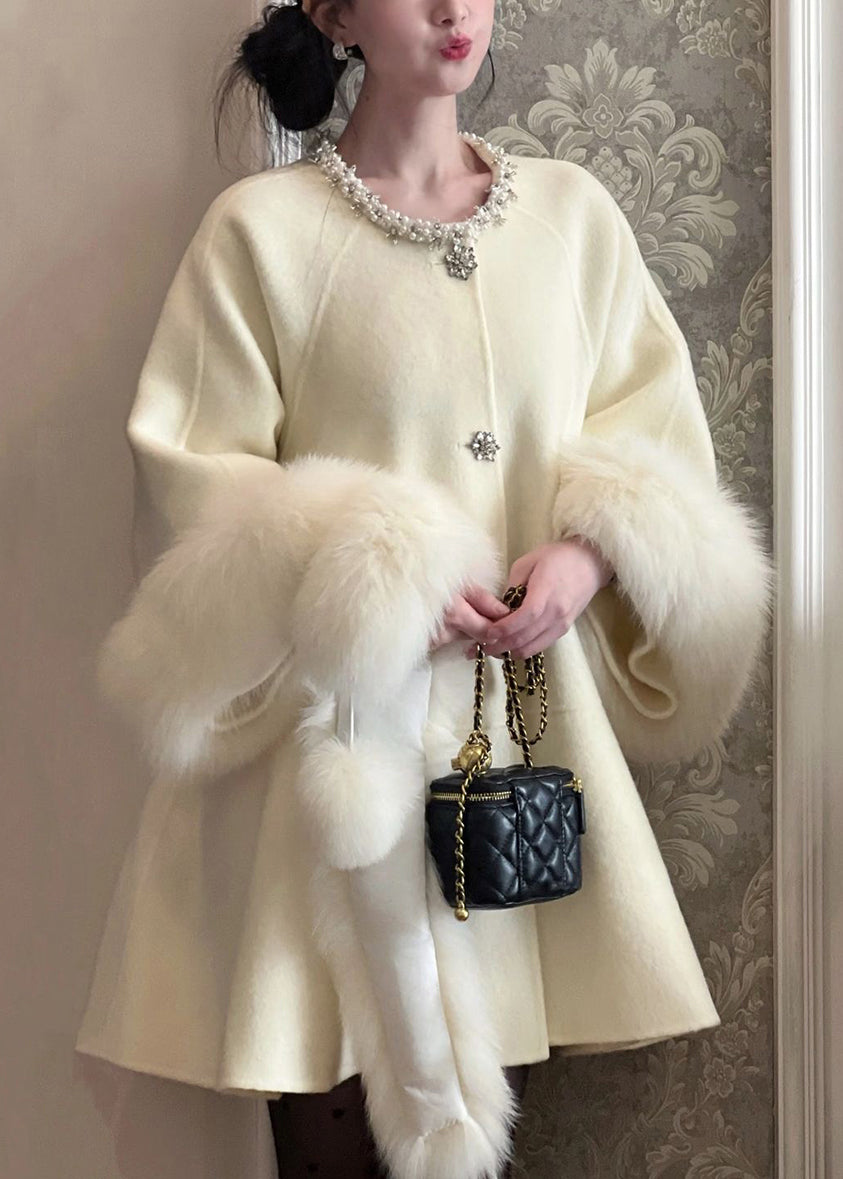 Elegant Beige Fur Collar Nail Bead Patchwork Woolen Trench Winter