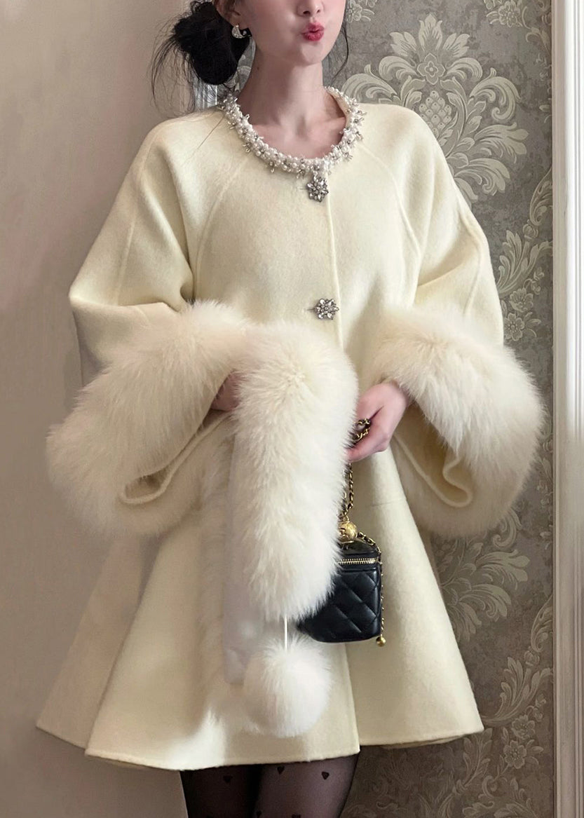 Elegant Beige Fur Collar Nail Bead Patchwork Woolen Trench Winter