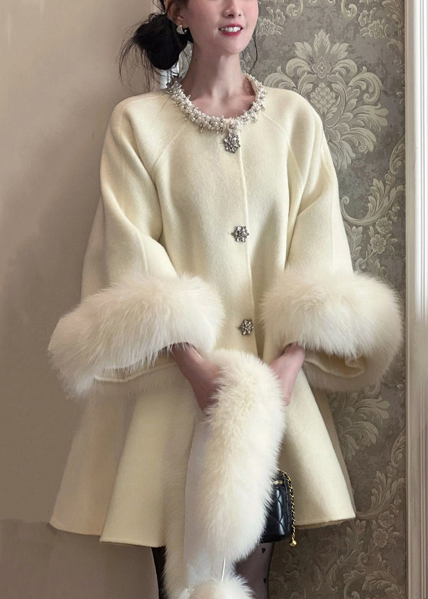 Elegant Beige Fur Collar Nail Bead Patchwork Woolen Trench Winter