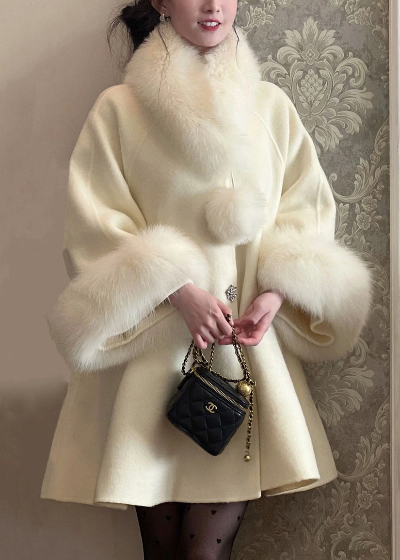 Elegant Beige Fur Collar Nail Bead Patchwork Woolen Trench Winter