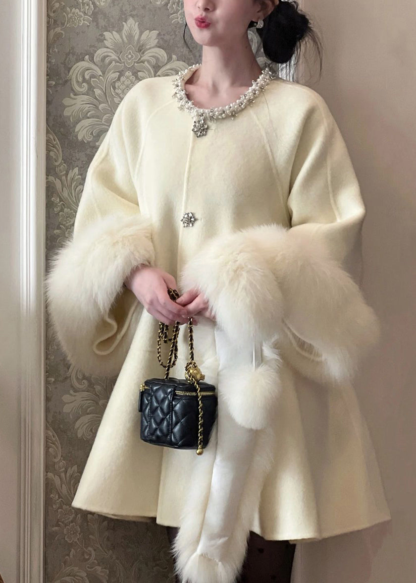 Elegant Beige Fur Collar Nail Bead Patchwork Woolen Trench Winter