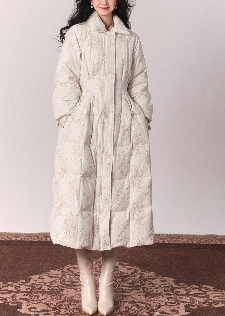 Elegant Beige Fur Collar Print Button Tunic Maxi Down Jackets Winter