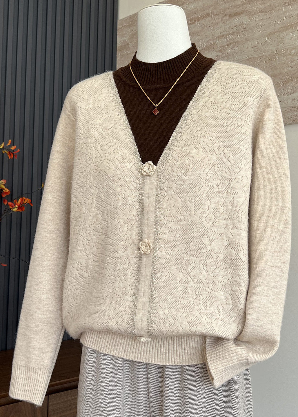 Elegant Beige Hign Neck Thick Patchwork Warm Fleece Knit Top Winter