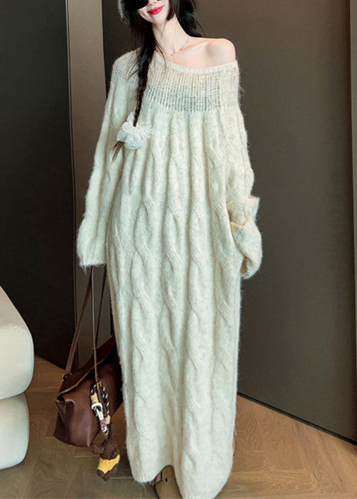 Elegant Beige Hollow Out Long Cable Knit Dress Spring