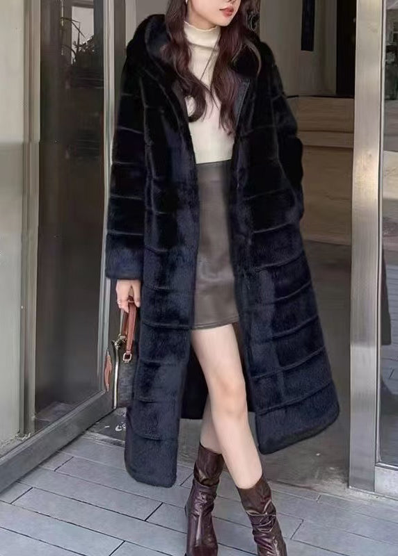 Elegant Beige Hooded Pockets Leather And Fur Long Coats Winter