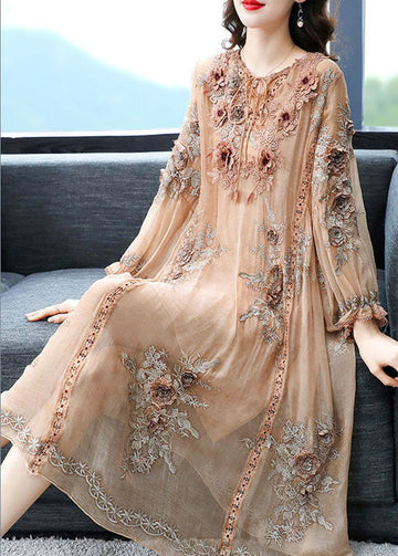 Beige O-Neck Button Silk Mid Dresses Long Sleeve main image 0