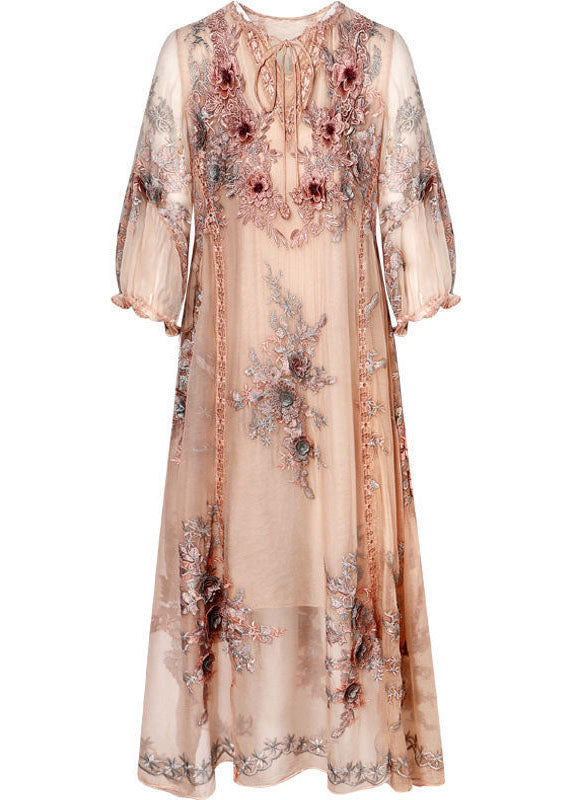 Elegant Beige Lace Up Jacquard Silk Holiday Dress Long Sleeve