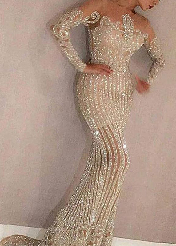 Elegant Beige O Neck Sequins Slim Fit Long Dress Spring